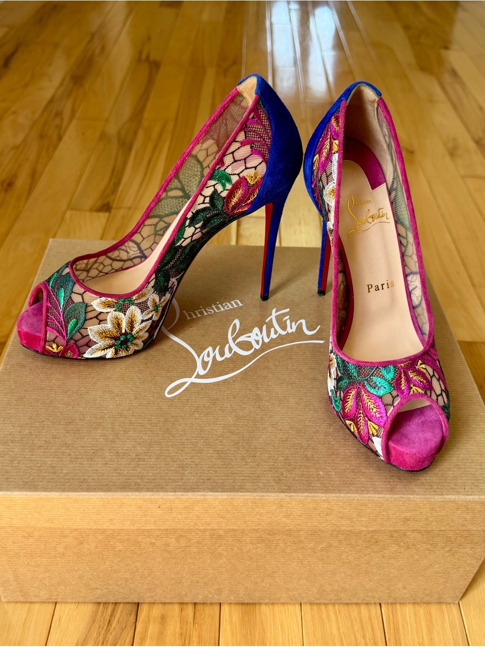 Christian Louboutin Pink & Blue Floral Embroidered Peep-Toe Pumps